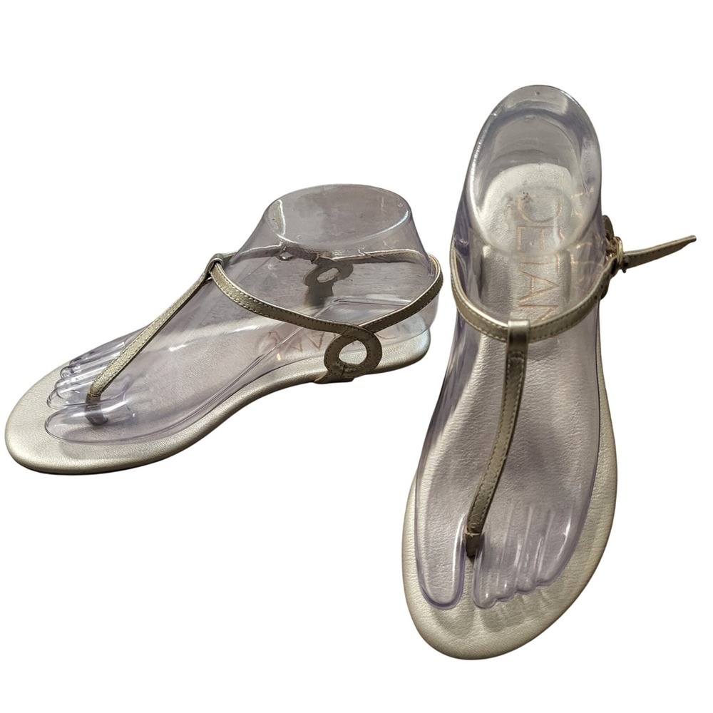 Deltan Womens Metallic Gold T-Strap Flat Thong Sandals Size 6 Buckle Closure